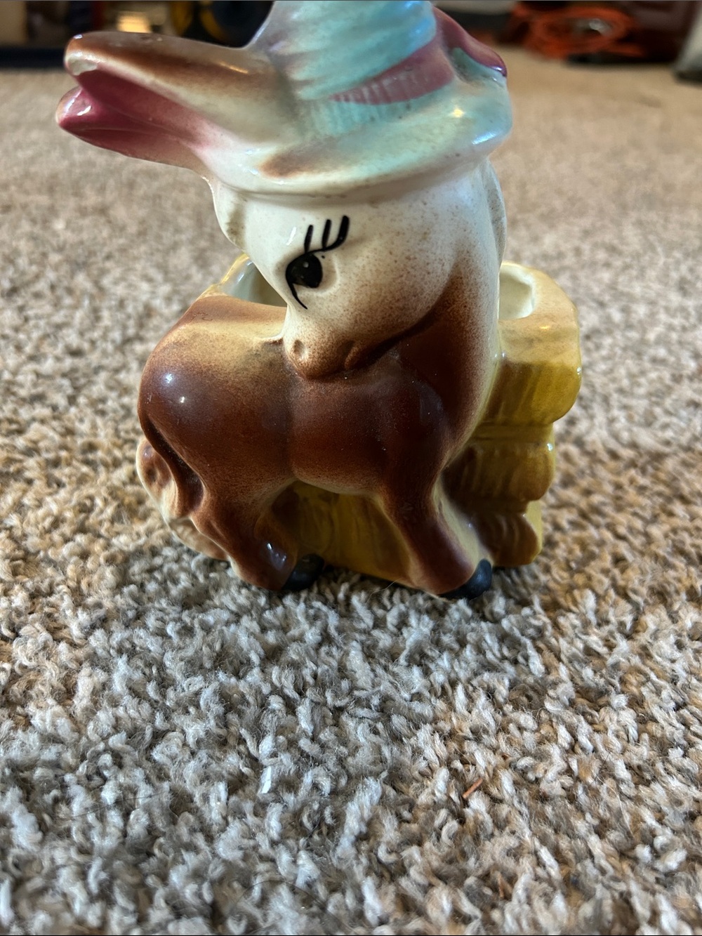 Vintage Porcelain Brown and Cream Donkey Figurine Planter